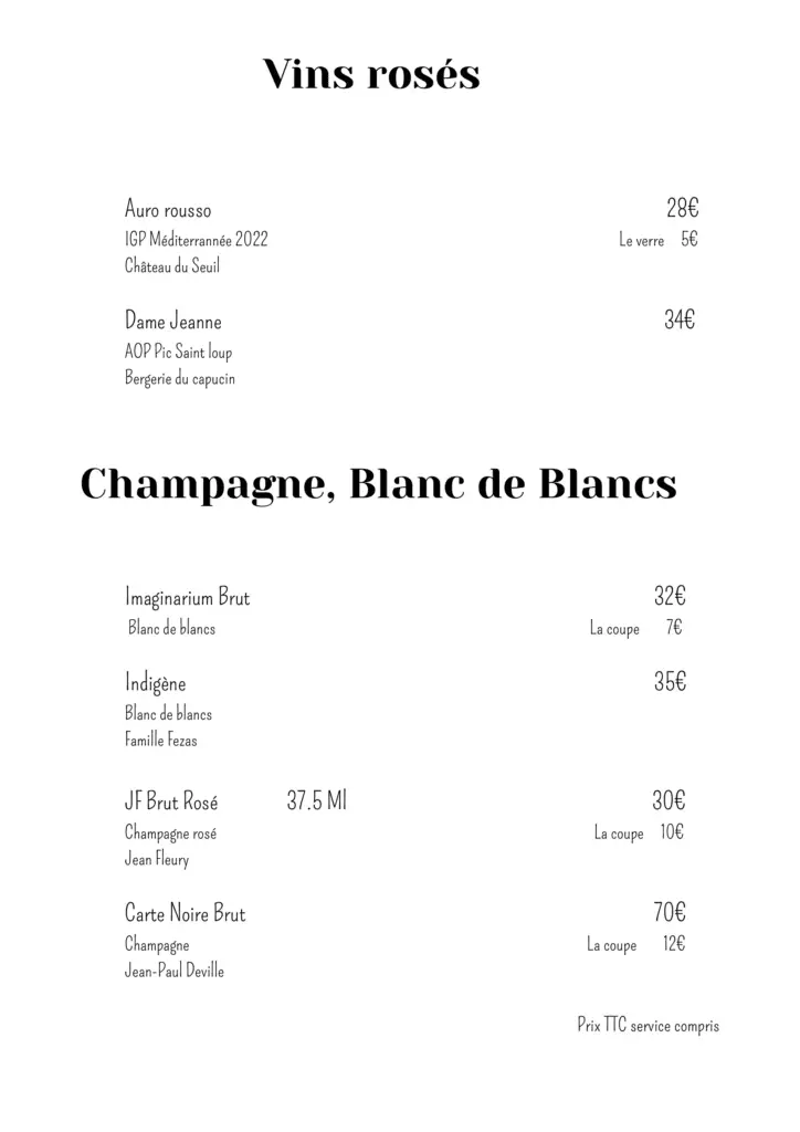 Carte vins rosés avec Champagne et blanc de blancs