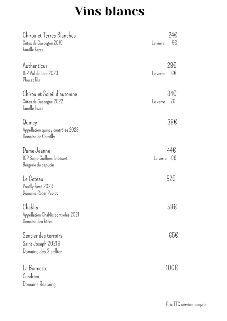 Carte vins blancs