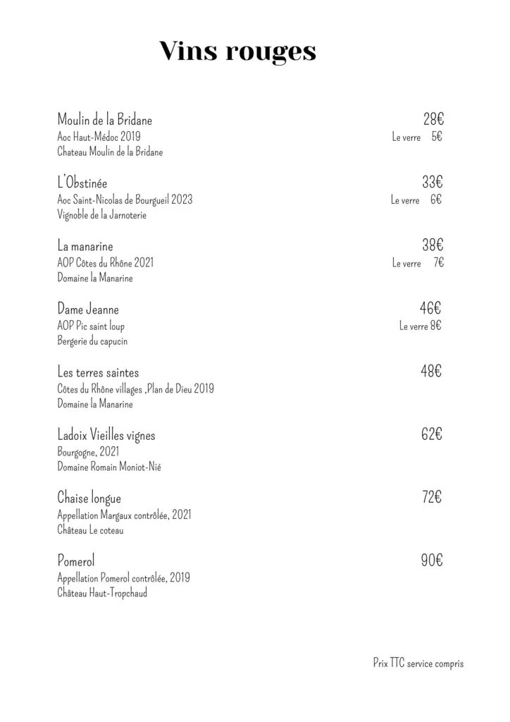 Carte vins rouges